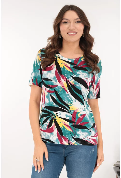 Bluza din vascoza turcoaz cu print floral bordo