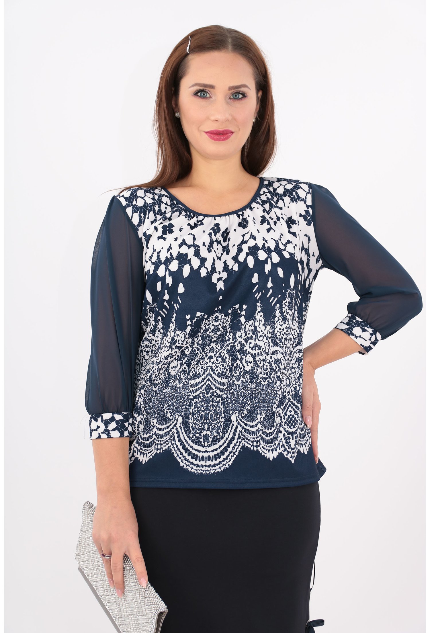 Bluza din voal si jerse bleumarin cu alb