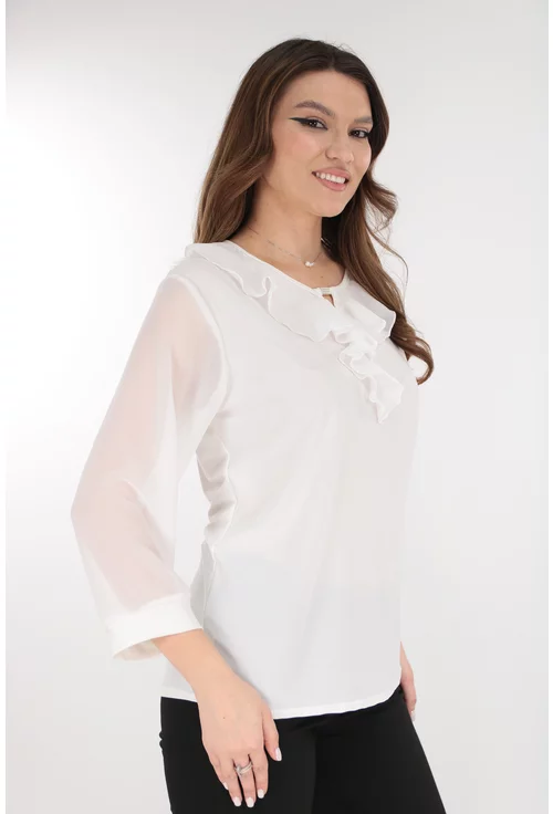 Bluza eleganta alba cu volanase la decolteu