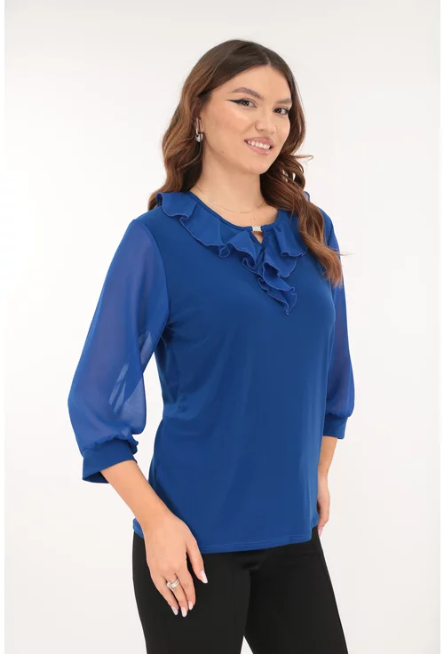Bluza eleganta albastra cu volanase la decolteu