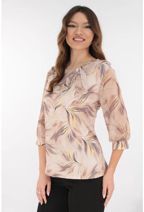 Bluza eleganta bej cu print floral cafeniu