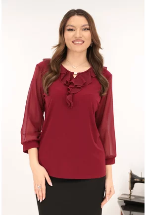 Bluza eleganta bordo cu volanase la decolteu
