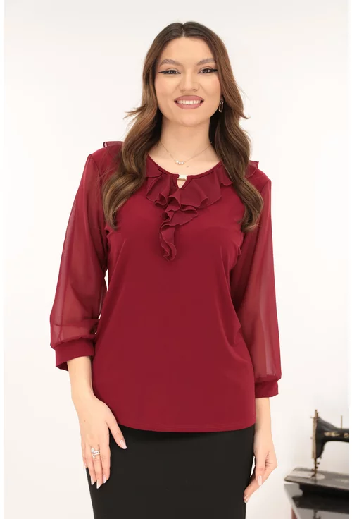 Bluza eleganta bordo cu volanase la decolteu