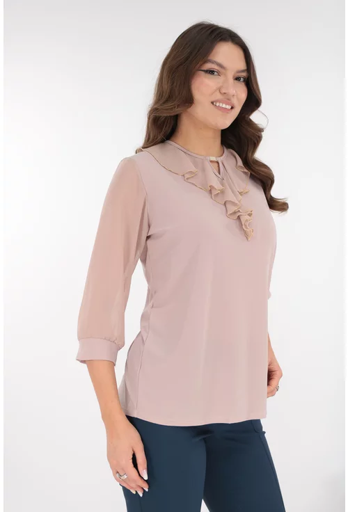 Bluza eleganta cafenie cu volanase la decolteu