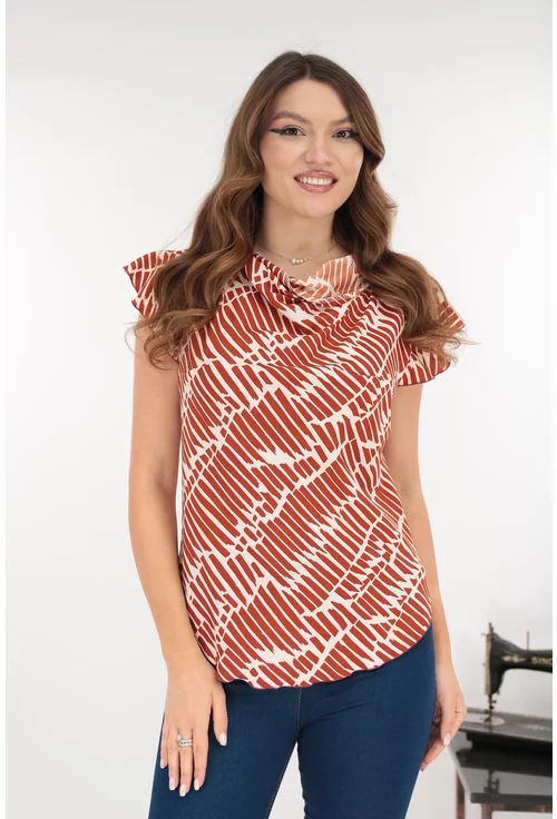 Bluza eleganta cu imprimeu geometric bej-caramiziu
