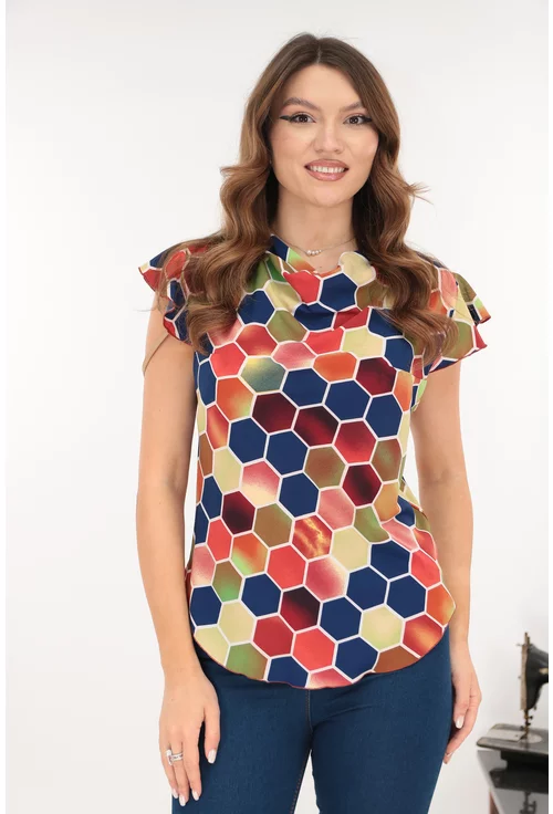 Bluza eleganta cu imprimeu geometric caramiziu-albastru