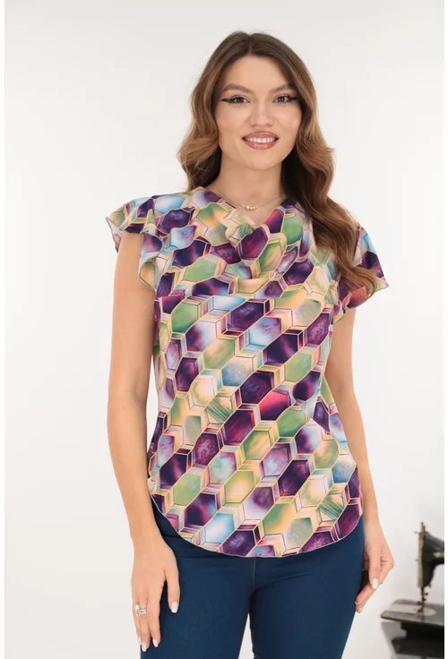 Bluza eleganta cu imprimeu geometric verde-mov