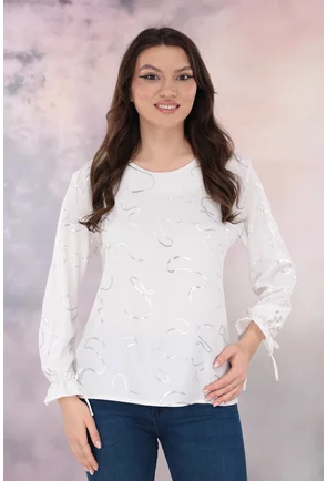 Bluza eleganta din vascoza alba cu print abstract argintiu