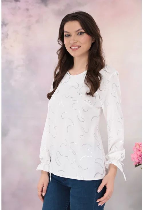 Bluza eleganta din vascoza alba cu print abstract argintiu