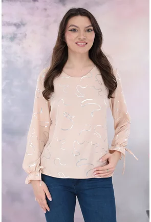 Bluza eleganta din vascoza crem cu print abstract argintiu