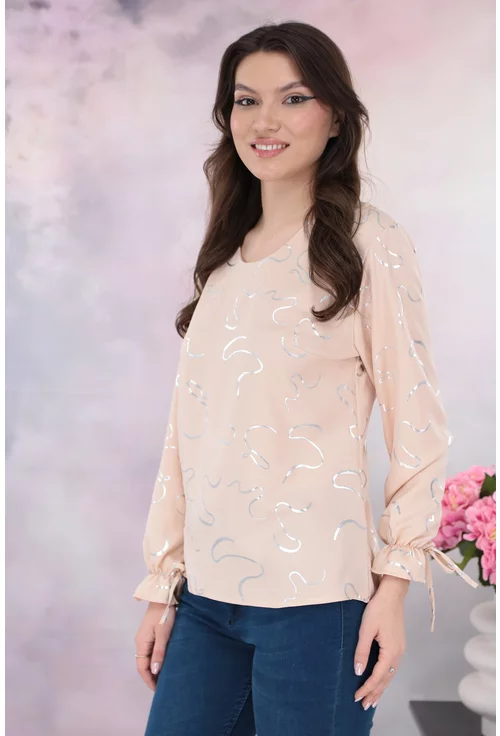 Bluza eleganta din vascoza crem cu print abstract argintiu