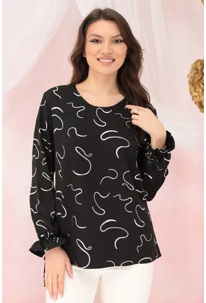 Bluza eleganta din vascoza neagra cu print abstract argintiu