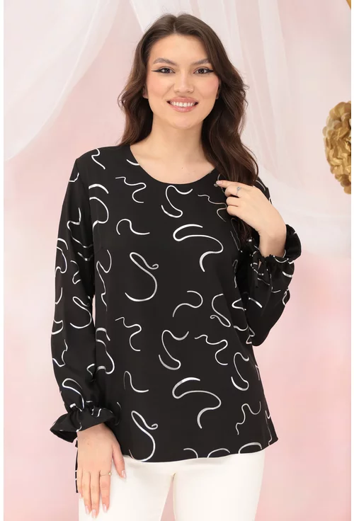 Bluza eleganta din vascoza neagra cu print abstract argintiu