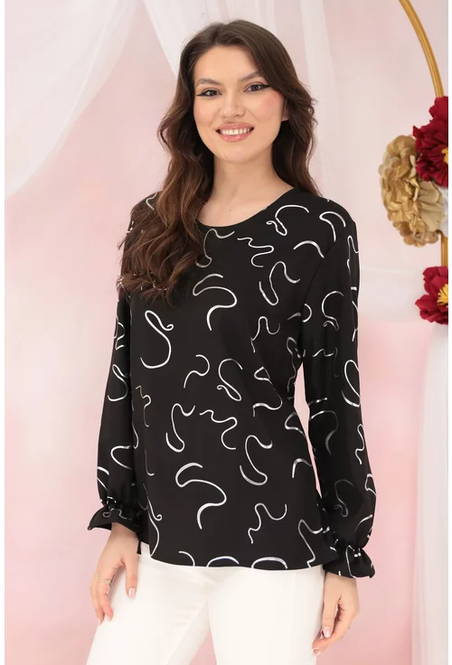 Bluza eleganta din vascoza neagra cu print abstract argintiu