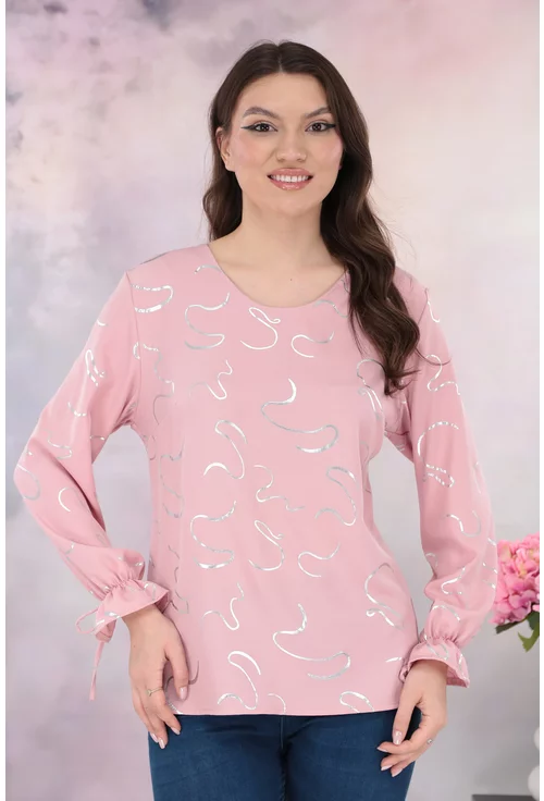 Bluza eleganta din vascoza roz-pudra cu print abstract argintiu