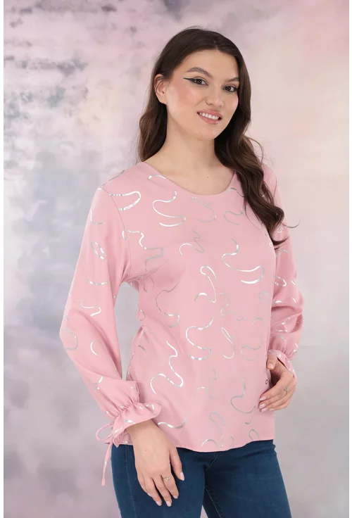 Bluza eleganta din vascoza roz-pudra cu print abstract argintiu