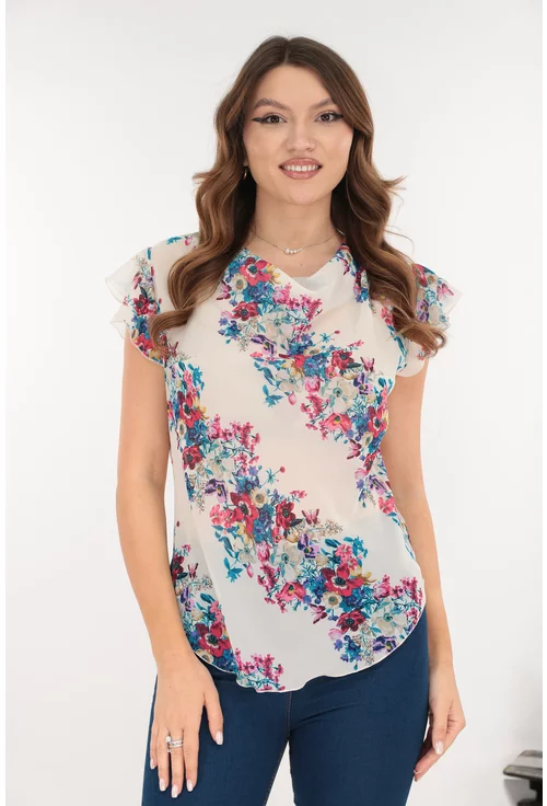 Bluza eleganta din voal ivory cu print floral albastru-roz