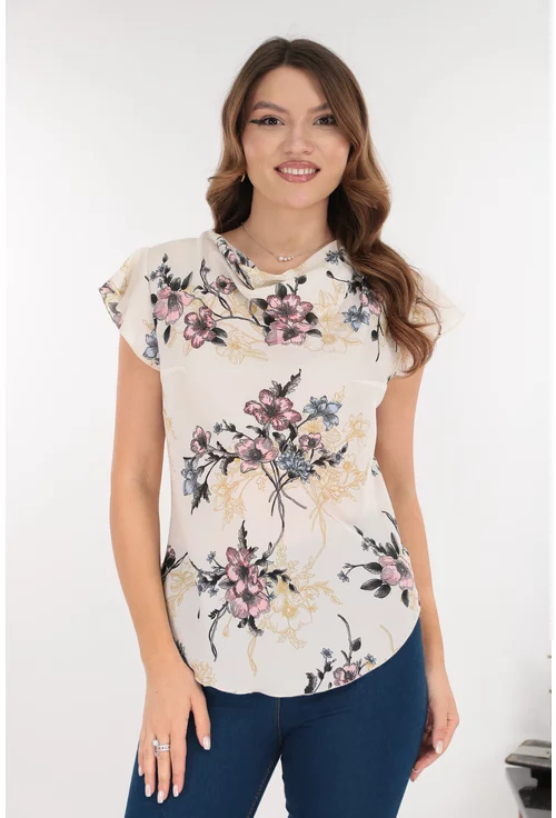 Bluza eleganta din voal ivory cu print floral roz