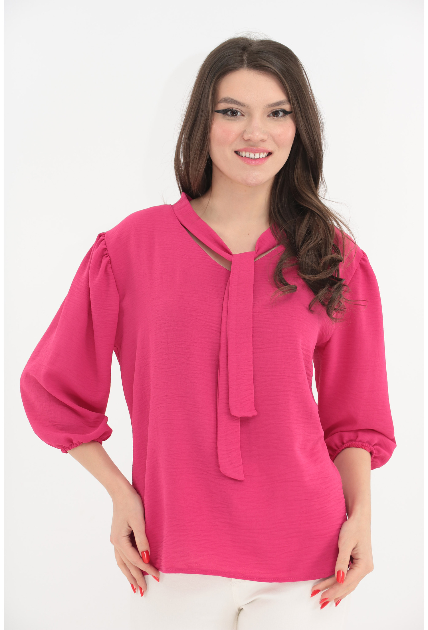 Bluza eleganta fucsia cu fundita la decolteu