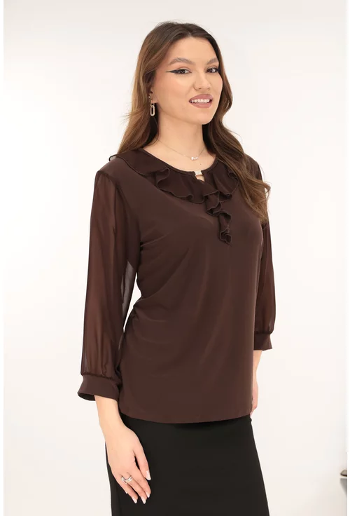 Bluza eleganta maro cu volanase la decolteu