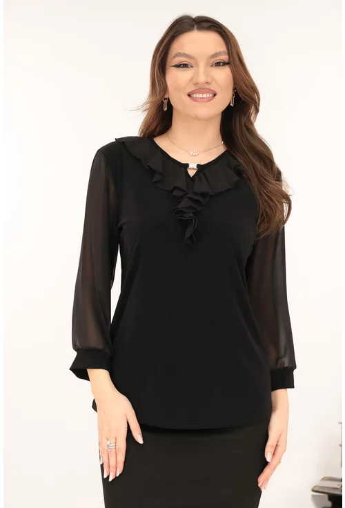 Bluza eleganta neagra cu volanase la decolteu