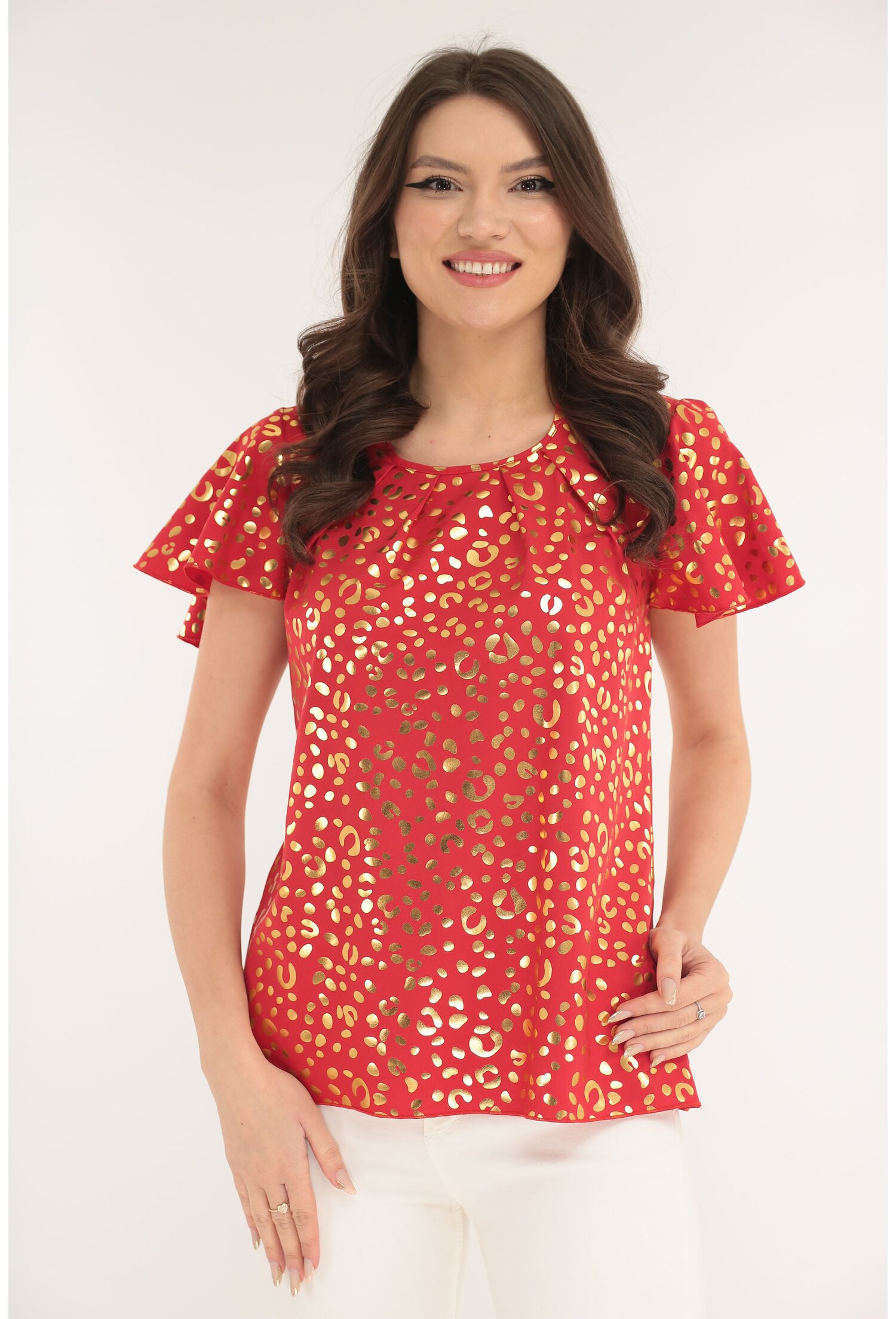 Bluza eleganta rosie cu print auriu