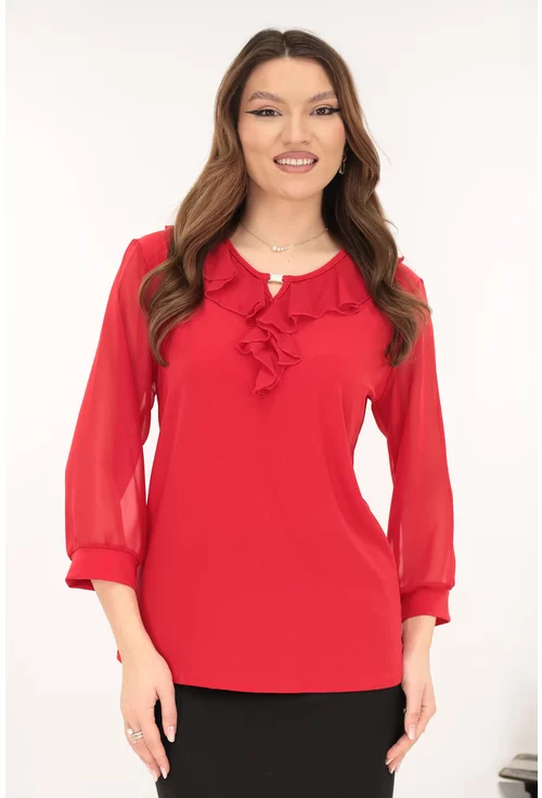 Bluza eleganta rosie cu volanase la decolteu