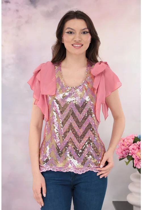 Bluza eleganta roz cu paiete si fundite pe maneci