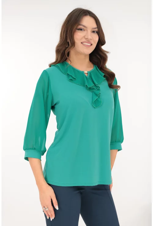 Bluza eleganta turcoaz cu volanase la decolteu