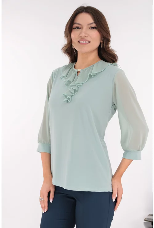 Bluza eleganta verde-aqua cu volanase la decolteu