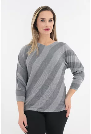 Bluza gri cu dungi 3D si fir stralucitor