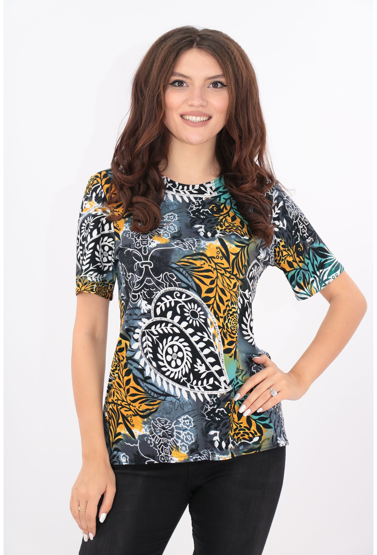 Bluza gri cu frunze albe-mustar