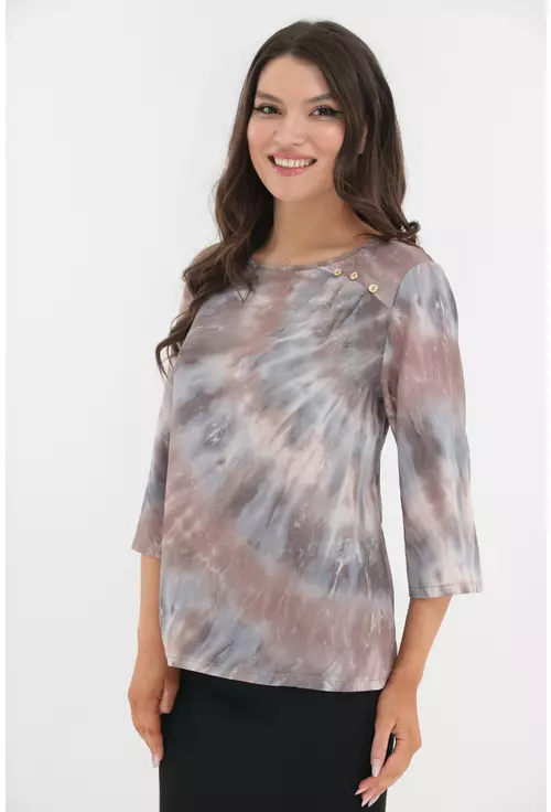 Bluza gri cu imprimeu abstract si pliuri asimetrice