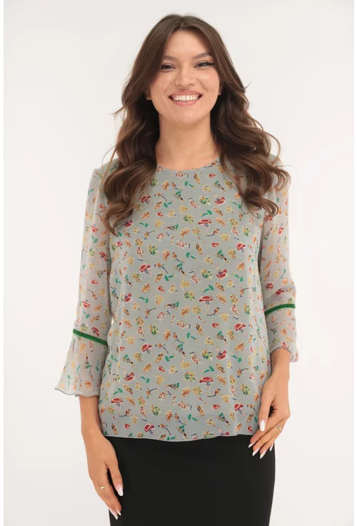 Bluza gri cu print abstract si volanase la maneci