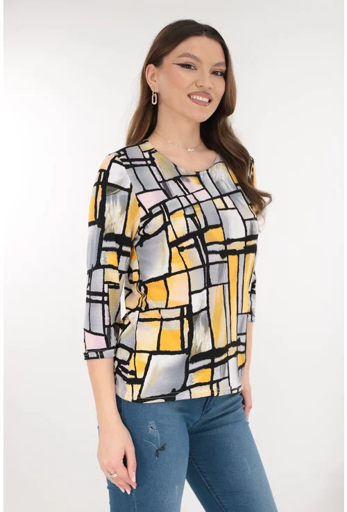 Bluza gri din bumbac cu print abstract galben