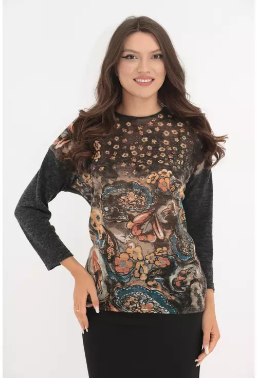 Bluza gri din lana tricotata cu print floral caramiziu
