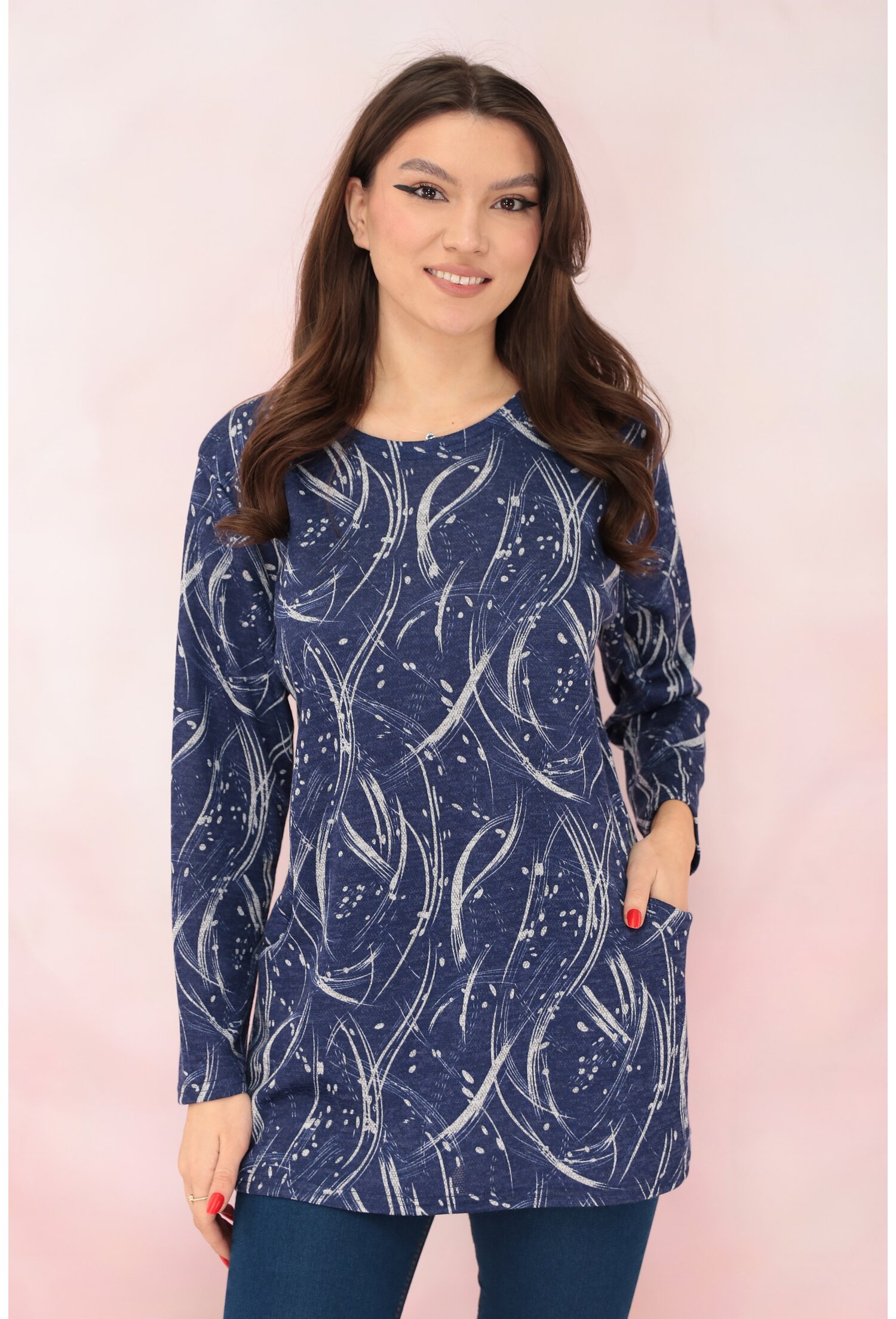 Bluza indigo din jerse cu print abstract gri si buzunare