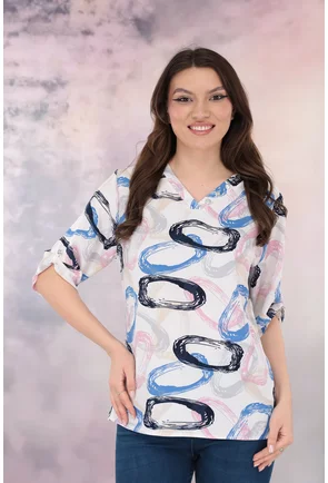 Bluza lejera alba cu imprimeu abstract roz-albastru