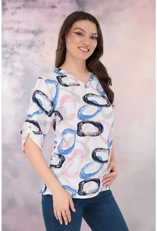 Bluza lejera alba cu imprimeu abstract roz-albastru