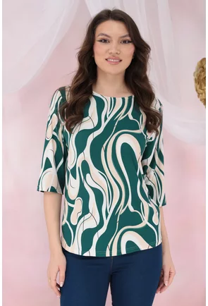 Bluza lejera bej cu imprimeu abstract verde