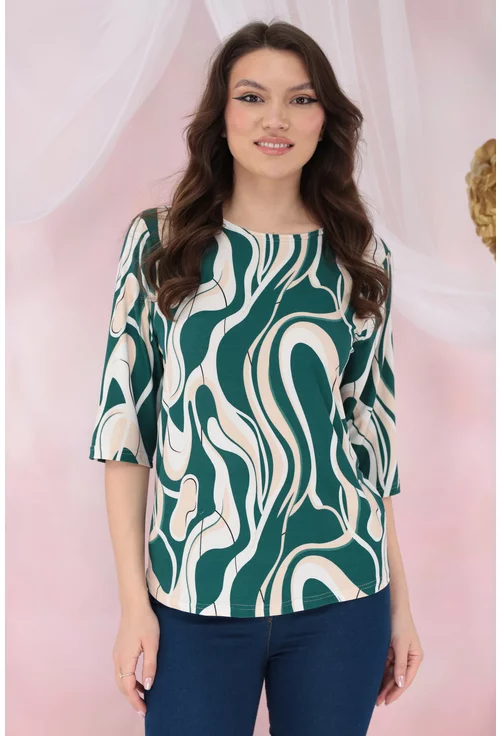 Bluza lejera bej cu imprimeu abstract verde