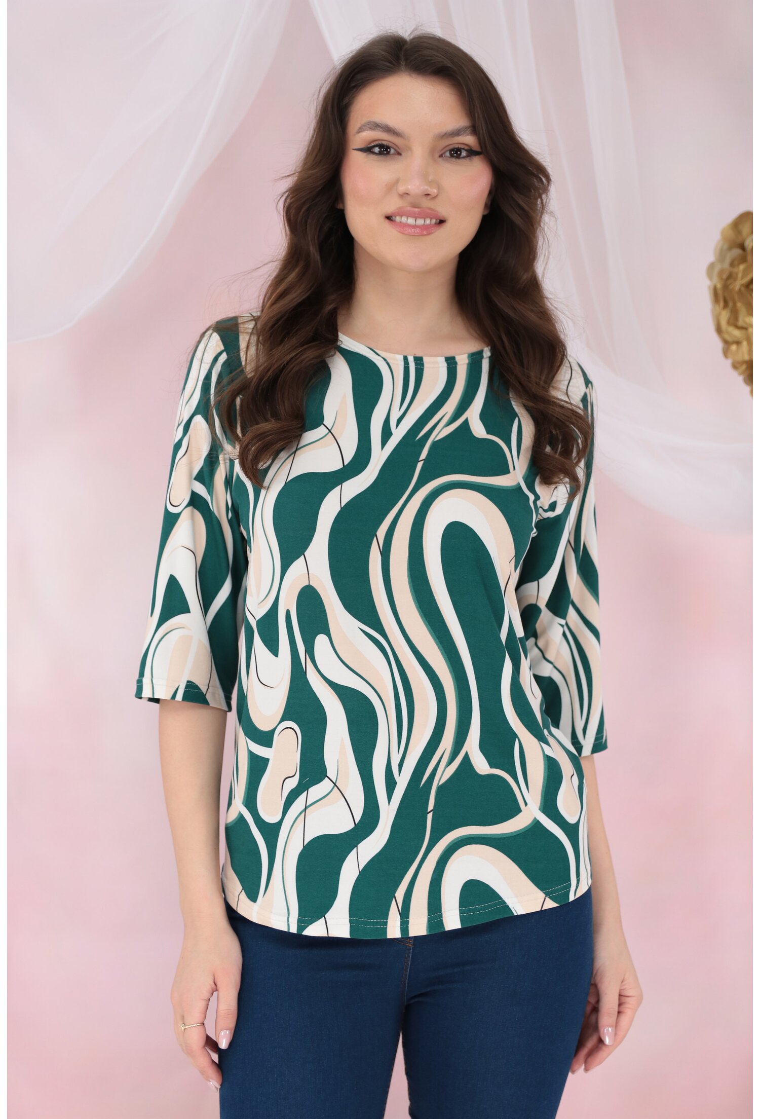 Bluza lejera bej cu imprimeu abstract verde