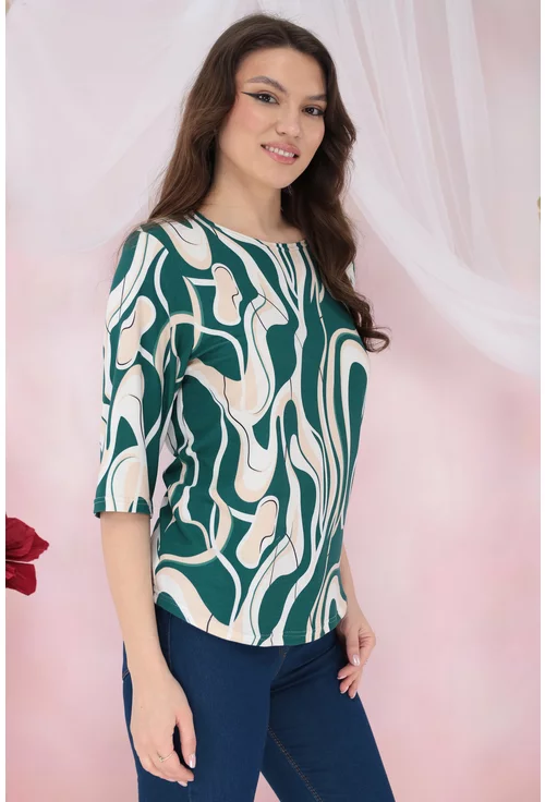 Bluza lejera bej cu imprimeu abstract verde