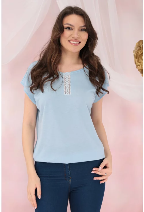 Bluza lejera bleu cu broderie la decolteu si elastic la tiv