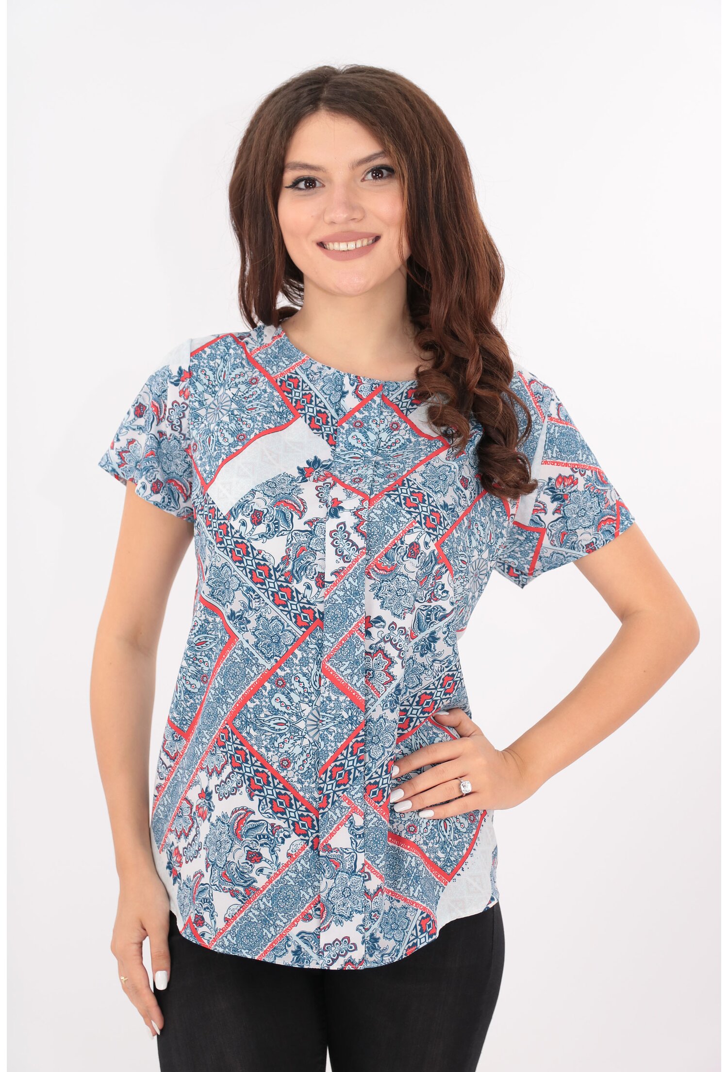 Bluza lejera bleu cu carouri rosii si flori