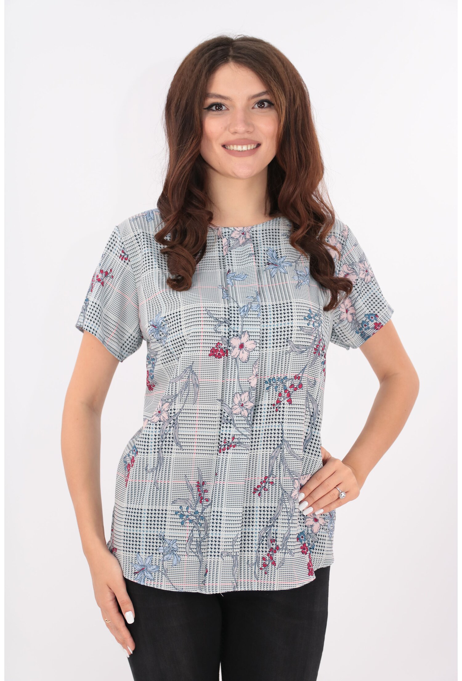 Bluza lejera bleu cu carouri si flori