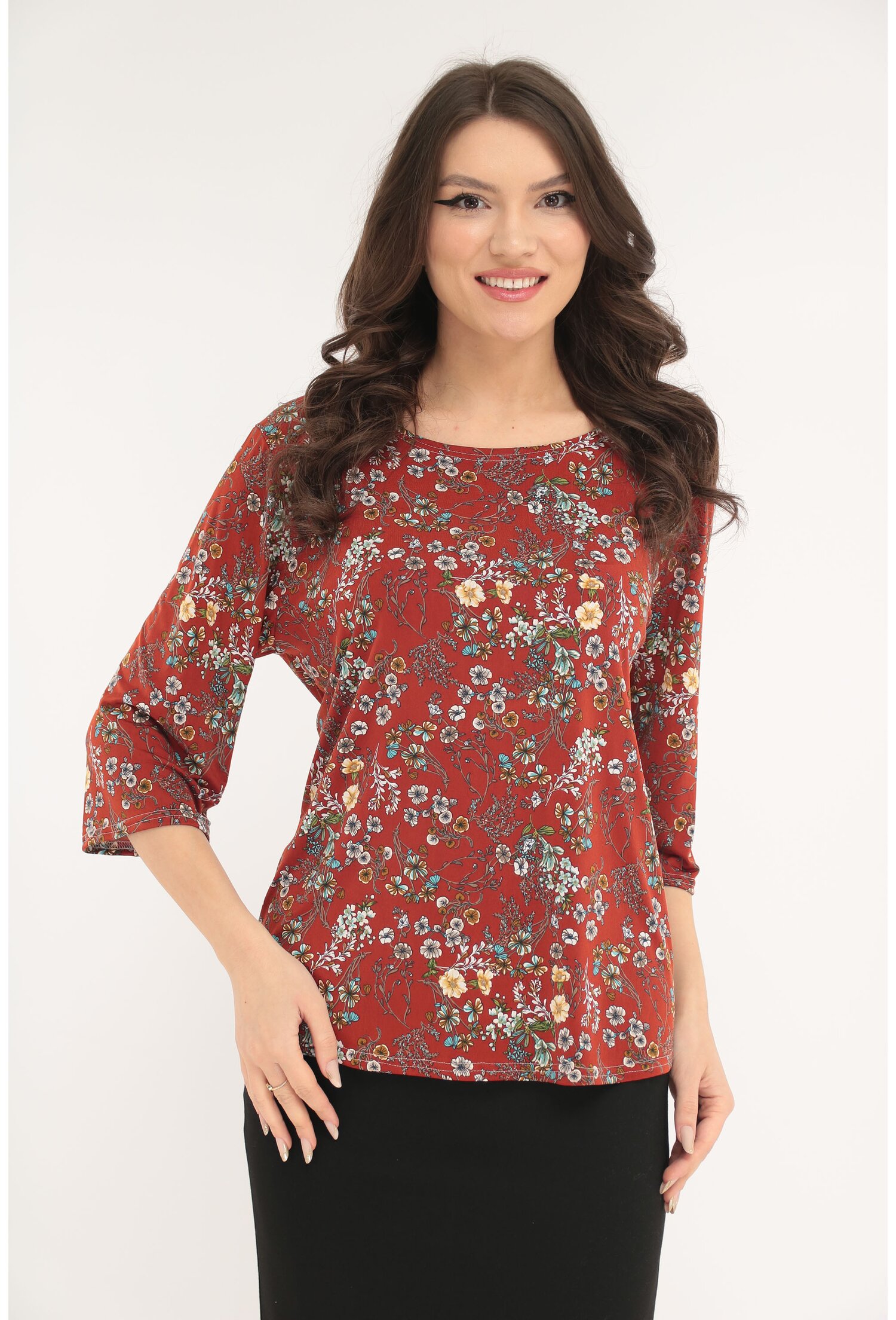 Poze Bluza lejera caramizie cu print floral alb-bleu
