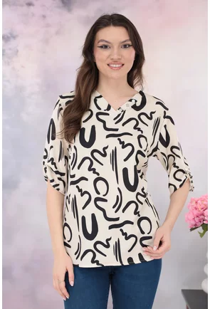 Bluza lejera crem cu imprimeu abstract negru