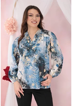 Bluza lejera cu imprimeu abstract bleumarin-alb