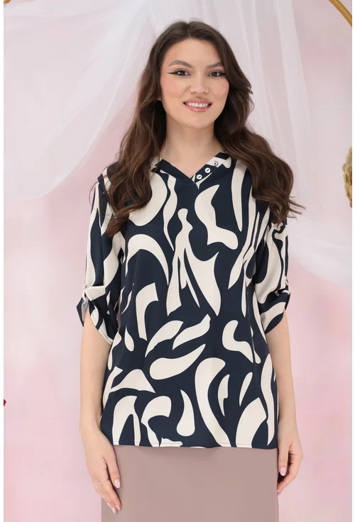 Bluza lejera cu imprimeu abstract bleumarin-crem